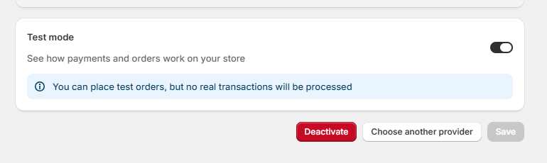 Shopify Embedded Cards: Test mode setting in Shopify